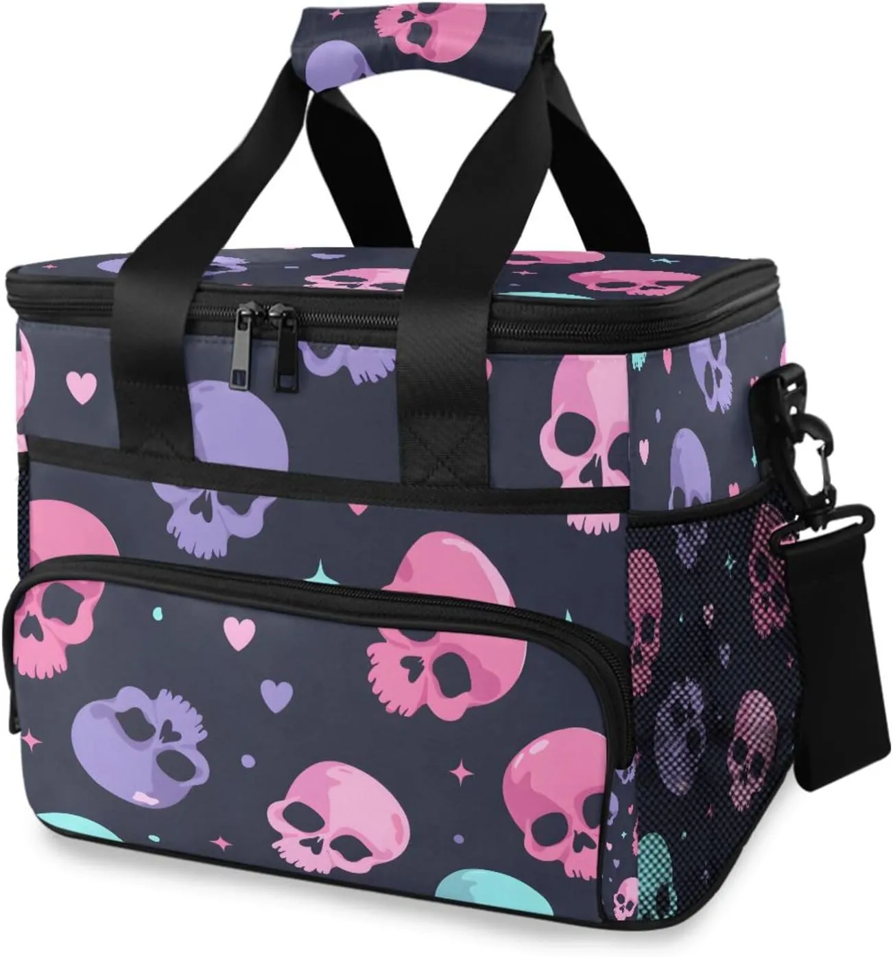 Skull Head Skeleton Colorful Cooler Bag Insulated Cooler Soft Sided Cooler 24 Can Portable Picnic Bag Large Leakproof Lunch Bag Box for Beach Grocery Camping Travel Car Men Women