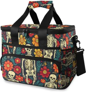 Skull Skeleton Sugar Flower Cooler Bag Insulated Cooler Soft Sided Cooler 24 Can Portable Picnic Bag Large Leakproof Lunch Bag Box for Beach Grocery Camping Travel Car Men Women