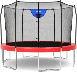 Skywalker Trampoline Outdoor 8 FT, 12 FT, 15 FT Jump N’ Dunk Round Outdoor Trampoline with Net, Trampoline Mat, and Basketball Hoop for Trampoline