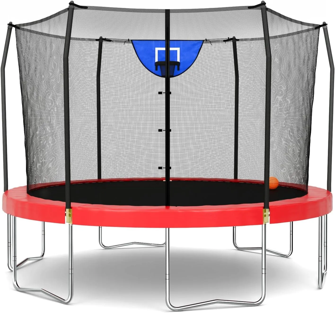Skywalker Trampoline Outdoor 8 FT, 12 FT, 15 FT Jump N’ Dunk Round Outdoor Trampoline with Net, Trampoline Mat, and Basketball Hoop for Trampoline