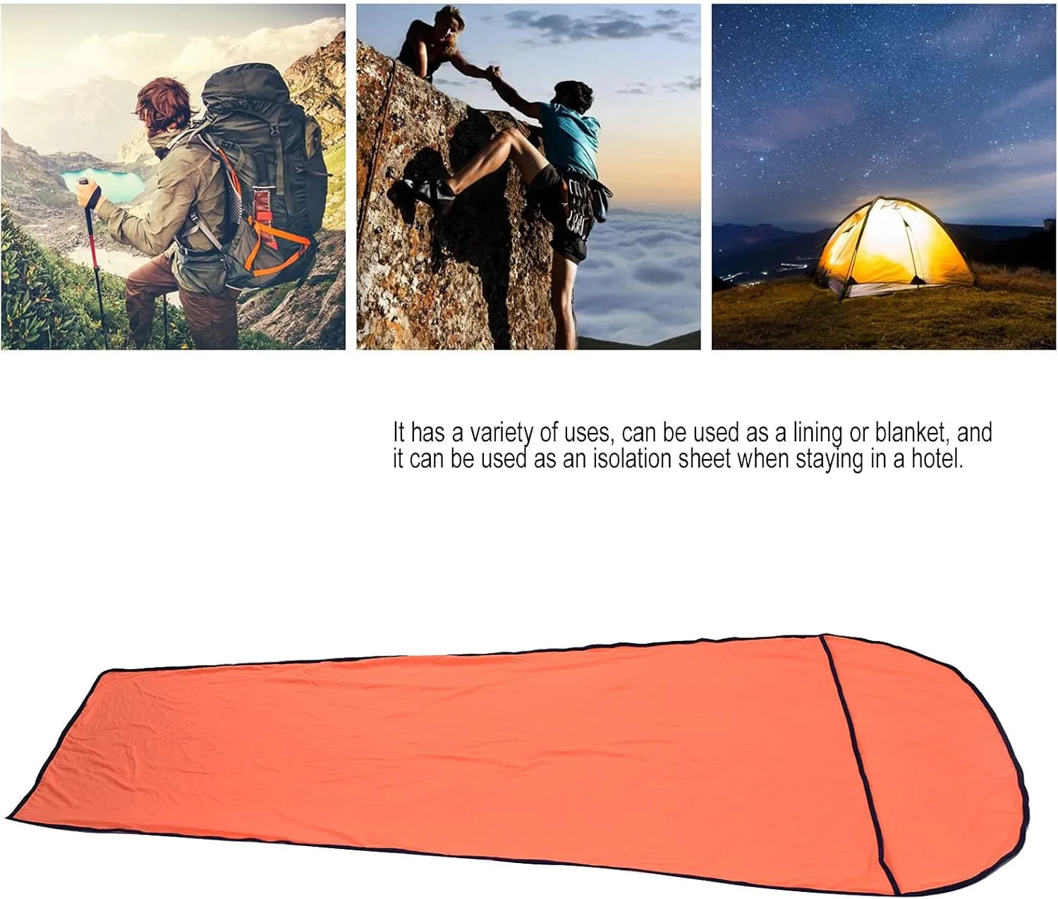 Sleeping Bag Liner, 200x80cm Ultralight Multifunctional Elastic Sleeping Sack Lightweight Breathable Cotton Liner for Picnic Hiking Outdoor Camping(Orange)