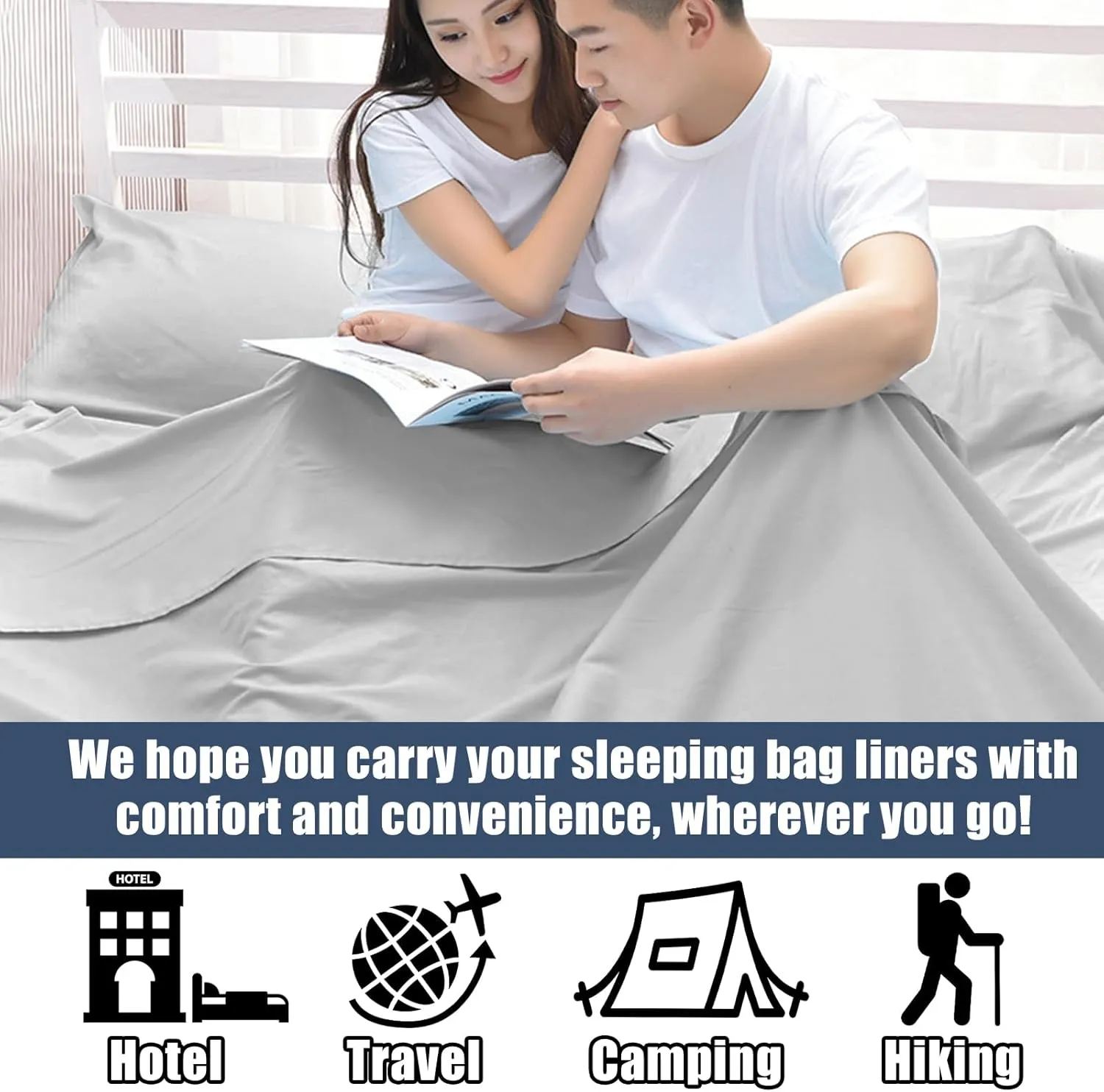 Sleeping Bag Liner Camping Sleeping Bag Liners, Portable Double Sleeping Bag Liner, Travel and Camping Sheet Sleeping Bag Liner with Pillow Pocket for Hostels, Backpacking