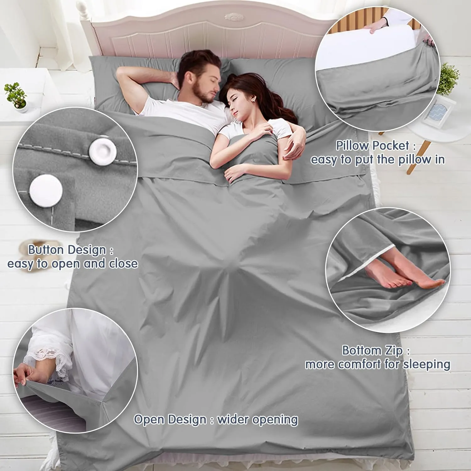 Sleeping Bag Liner Camping Sleeping Bag Liners, Portable Double Sleeping Bag Liner, Travel and Camping Sheet Sleeping Bag Liner with Pillow Pocket for Hostels, Backpacking