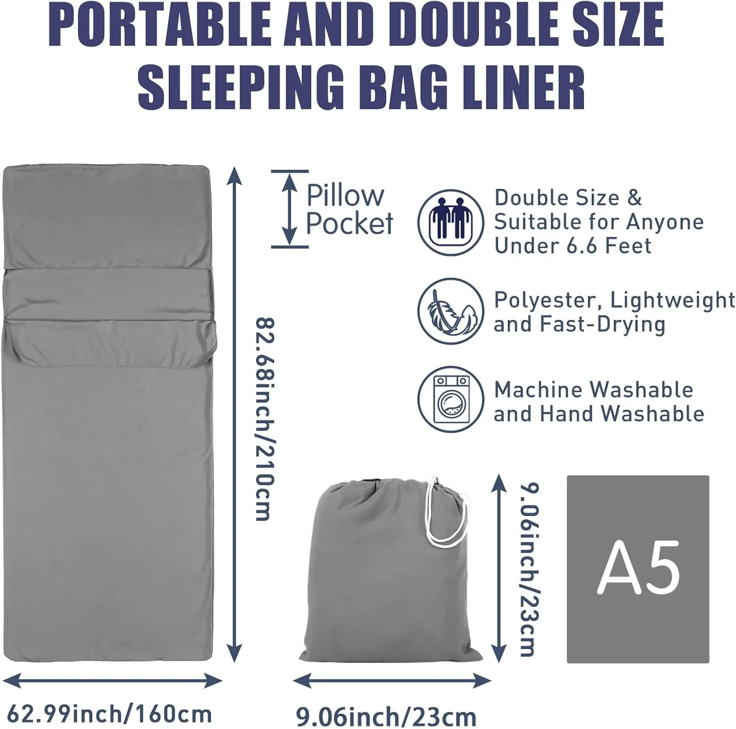 Sleeping Bag Liner Camping Sleeping Bag Liners, Portable Double Sleeping Bag Liner, Travel and Camping Sheet Sleeping Bag Liner with Pillow Pocket for Hostels, Backpacking