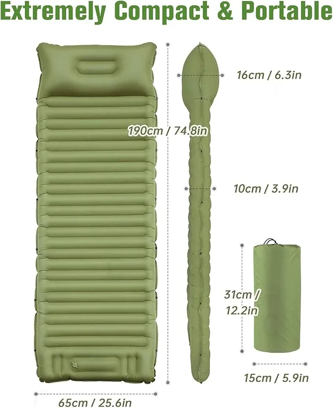 Sleeping Pad for Camping 4in Thick, Camping Air Mattress Pad Built-in Pump, Ultralight Camping Sleeping Pad Mat with Pillow, Inflatable Sleeping Pad Backpacking, Holds 440lbs, 40D 60D Nylon