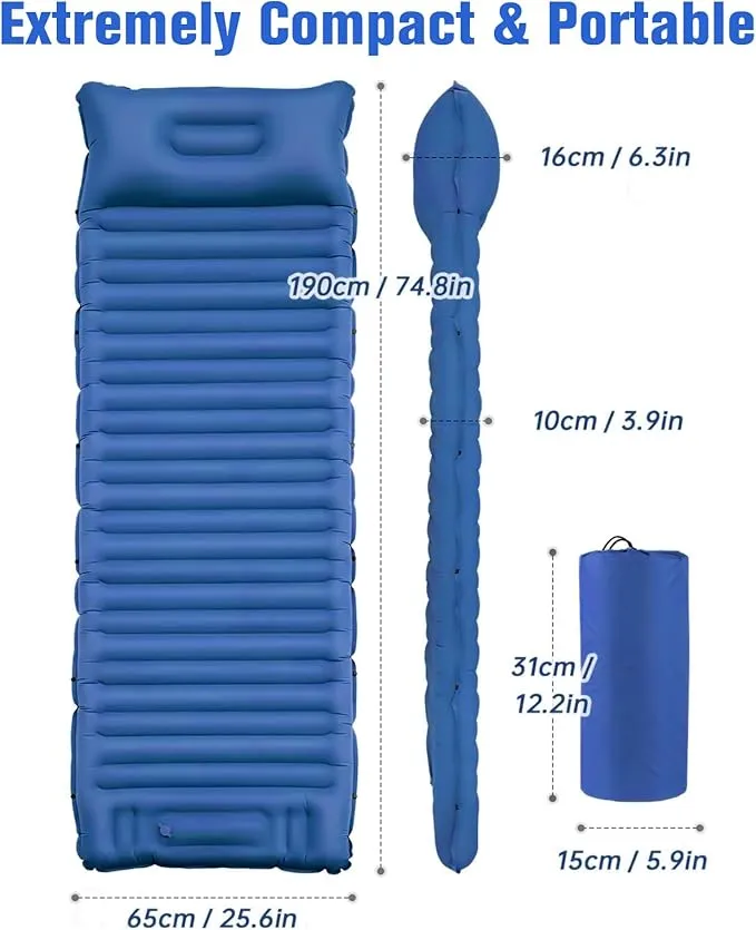 Sleeping Pad for Camping, 4in Thick Camping Air Mattress with Pillow, Camping Bed Sleeping Mat for Backpacking, Inflatable Camping Mat Built-in Pump, 40D 60D 2-Layer Nylon, Holds 400lbs,Repair Kit