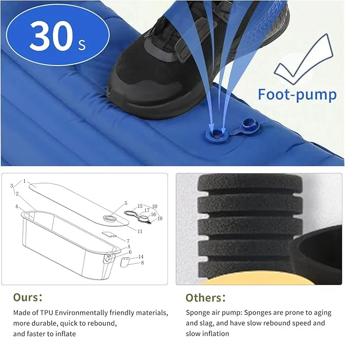 Sleeping Pad for Camping, 4in Thick Camping Air Mattress with Pillow, Camping Bed Sleeping Mat for Backpacking, Inflatable Camping Mat Built-in Pump, 40D 60D 2-Layer Nylon, Holds 400lbs,Repair Kit