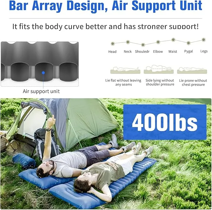Sleeping Pad for Camping, 4in Thick Camping Air Mattress with Pillow, Camping Bed Sleeping Mat for Backpacking, Inflatable Camping Mat Built-in Pump, 40D 60D 2-Layer Nylon, Holds 400lbs,Repair Kit