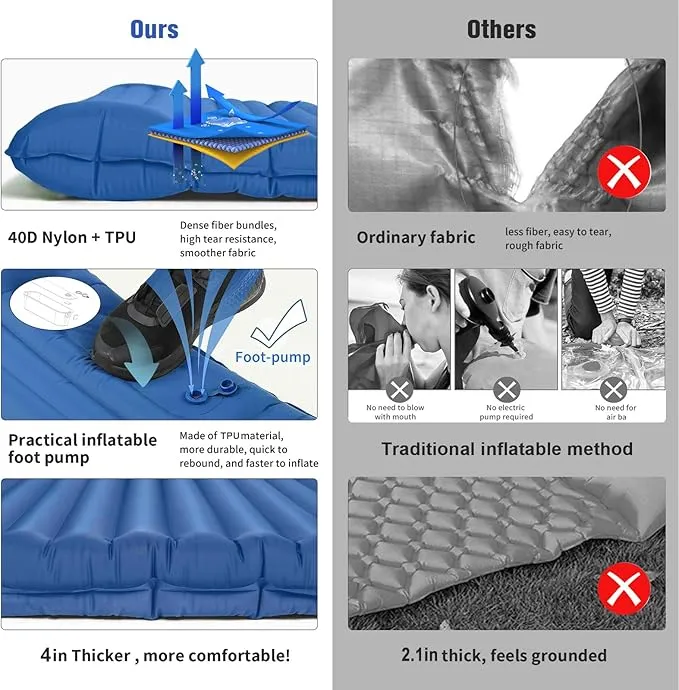 Sleeping Pad for Camping, 4in Thick Camping Air Mattress with Pillow, Camping Bed Sleeping Mat for Backpacking, Inflatable Camping Mat Built-in Pump, 40D 60D 2-Layer Nylon, Holds 400lbs,Repair Kit