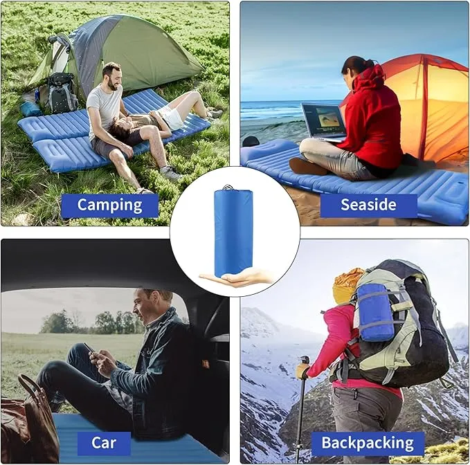 Sleeping Pad for Camping, 4in Thick Camping Air Mattress with Pillow, Camping Bed Sleeping Mat for Backpacking, Inflatable Camping Mat Built-in Pump, 40D 60D 2-Layer Nylon, Holds 400lbs,Repair Kit