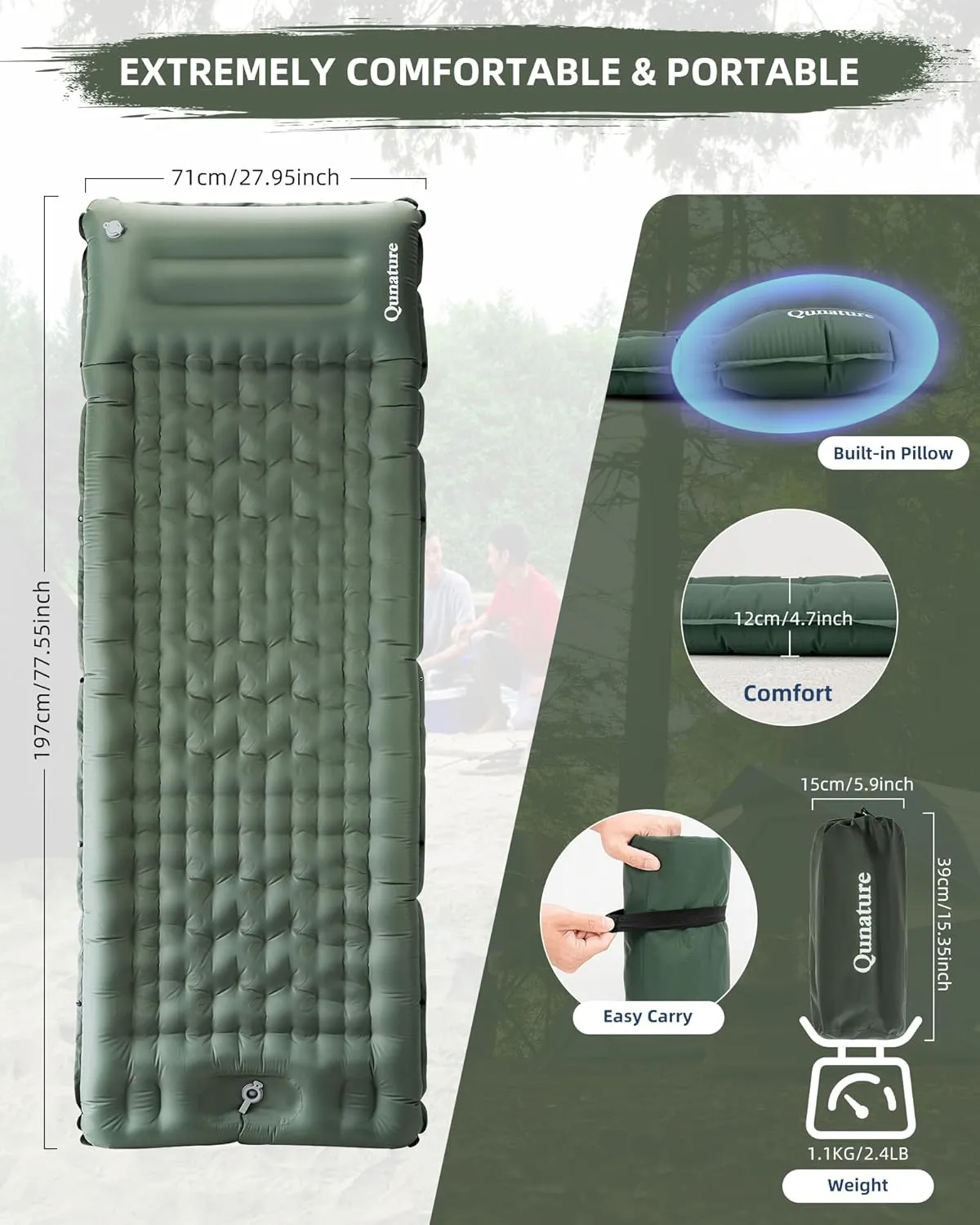 Sleeping Pad for Outdoor Camping Mattress Ultra-Light Inflatable Camping Bed with Built-in Pillow - Air Pad, Carry Bag - Compact & Lightweight Camping Gear Essentials