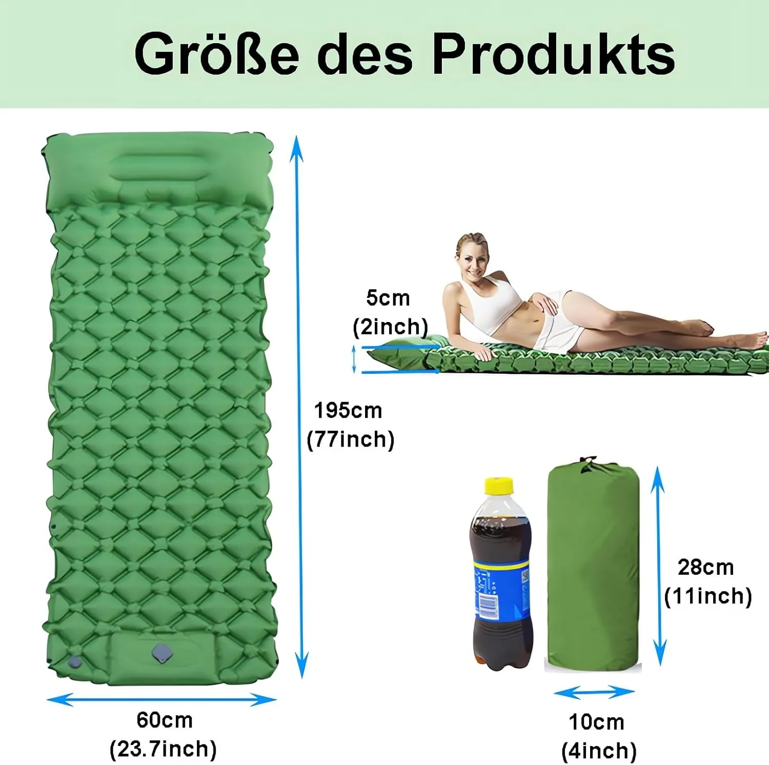 Sleeping Pad Self-Inflating, Camping Air Mattress with Foot Press Pump & Pillow, Outdoor Inflatable Sleeping Pad 195 x 60 x 5cm