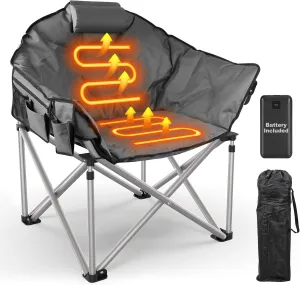 Slendor Heated Camping Chair, Oversized Padded Heated Chair, 3 Heating Levels 10S Quick Heated Folding Chair, Portable Patio Lounge Chair with Power Bank, Pillow, Storage Bag, Gray