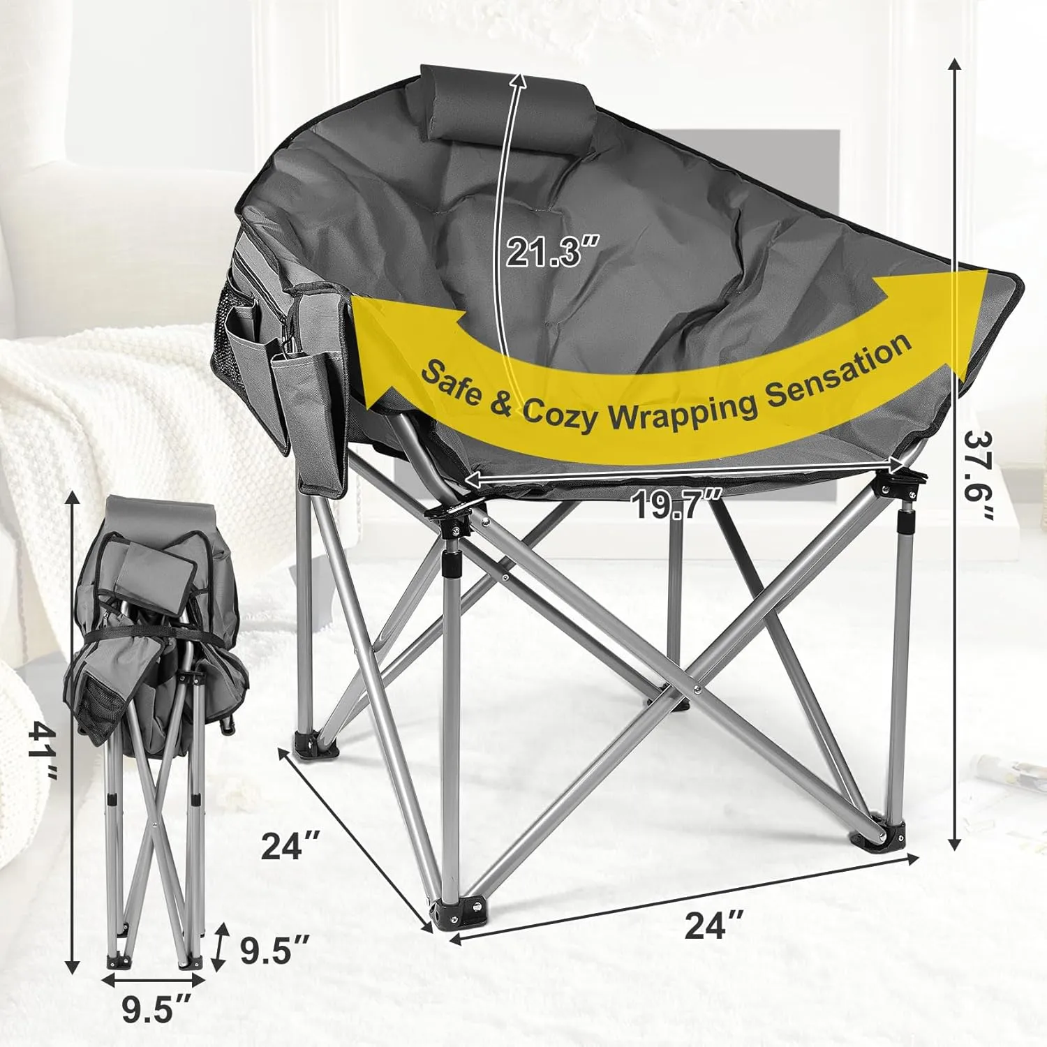 Slendor Heated Camping Chair, Oversized Padded Heated Chair, 3 Heating Levels 10S Quick Heated Folding Chair, Portable Patio Lounge Chair with Power Bank, Pillow, Storage Bag, Gray
