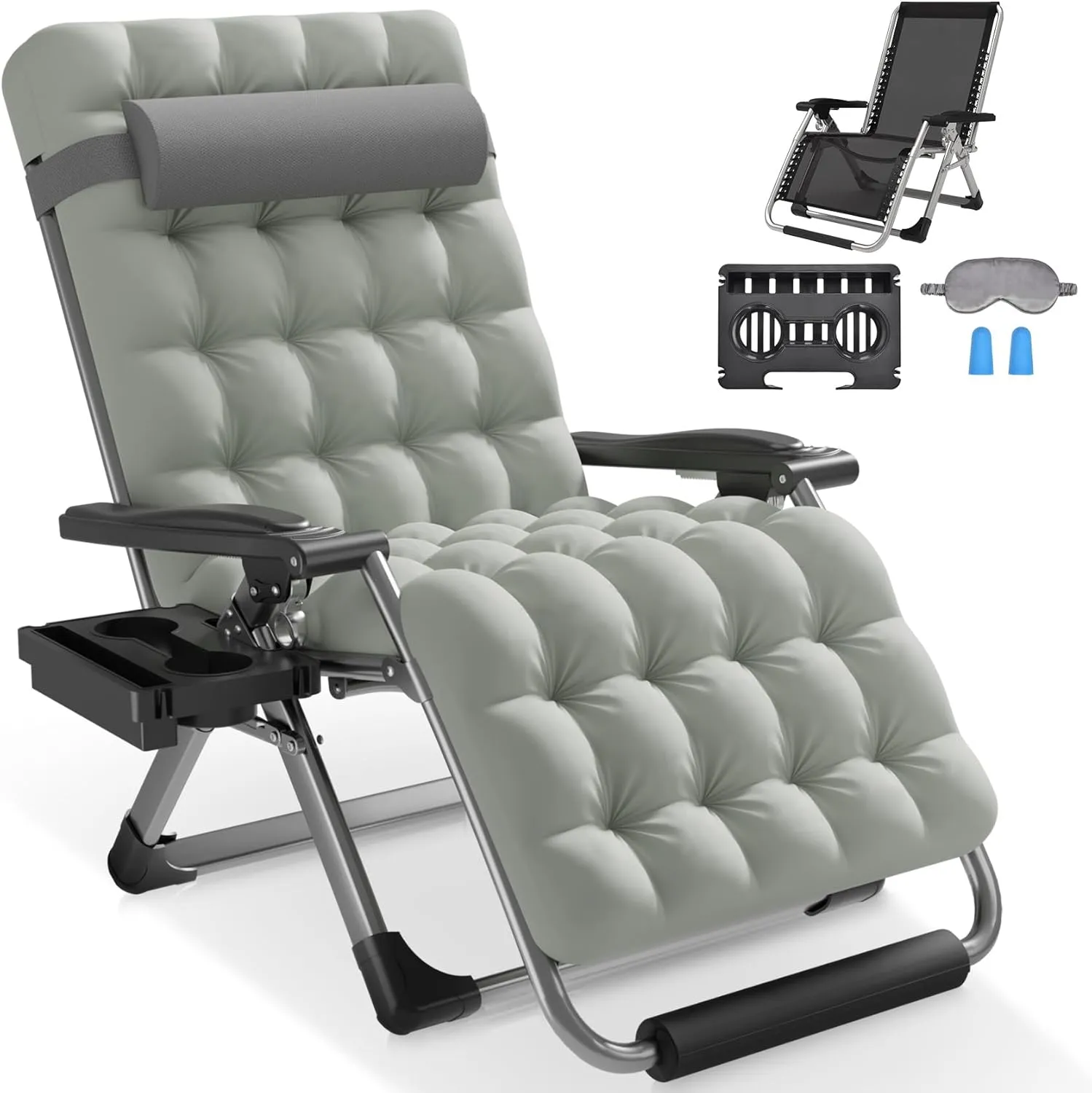 Slendor Oversized Padded Zero Gravity Chair XXL, 33inch Zero Gravity Recliner, Folding Reclining Lounge Chair,Indoor Outdoor Patio Chairs with Pillow, Cushion, Footrest,Cup Tray, Support 500lbs, Grey