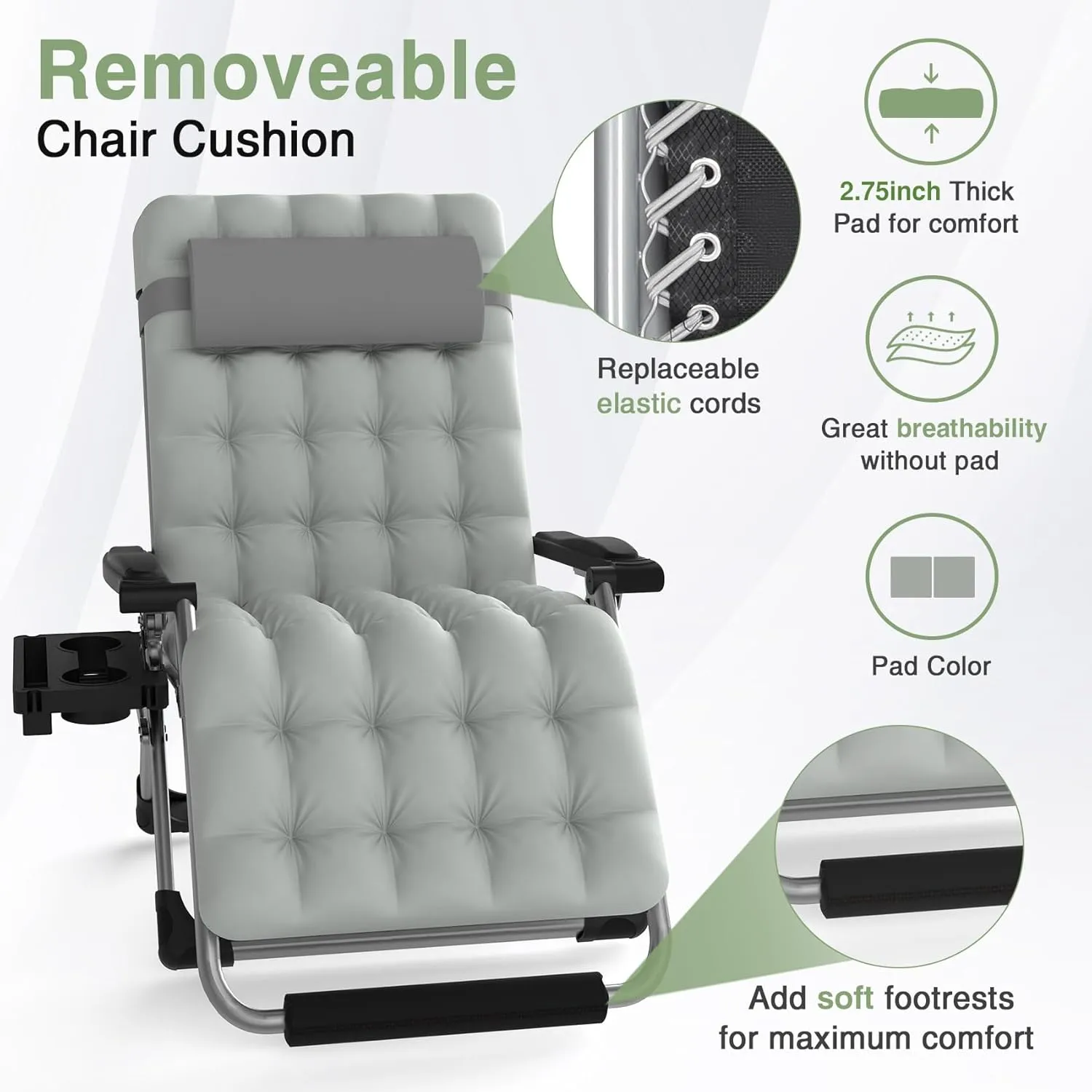 Slendor Oversized Padded Zero Gravity Chair XXL, 33inch Zero Gravity Recliner, Folding Reclining Lounge Chair,Indoor Outdoor Patio Chairs with Pillow, Cushion, Footrest,Cup Tray, Support 500lbs, Grey
