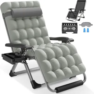 Slendor Oversized Padded Zero Gravity Chair XXL, 33inch Zero Gravity Recliner, Folding Reclining Lounge Chair,Indoor Outdoor Patio Chairs with Pillow, Cushion, Footrest,Cup Tray, Support 500lbs, Grey