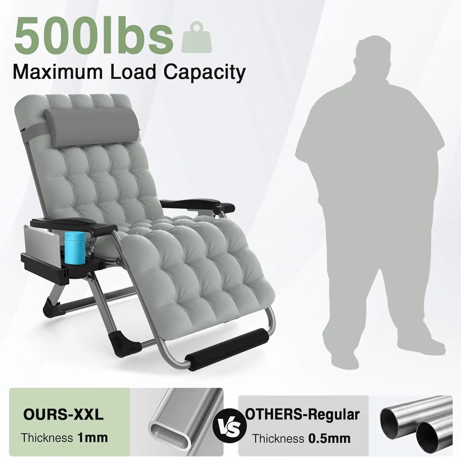 Slendor Oversized Padded Zero Gravity Chair XXL, 33inch Zero Gravity Recliner, Folding Reclining Lounge Chair,Indoor Outdoor Patio Chairs with Pillow, Cushion, Footrest,Cup Tray, Support 500lbs, Grey