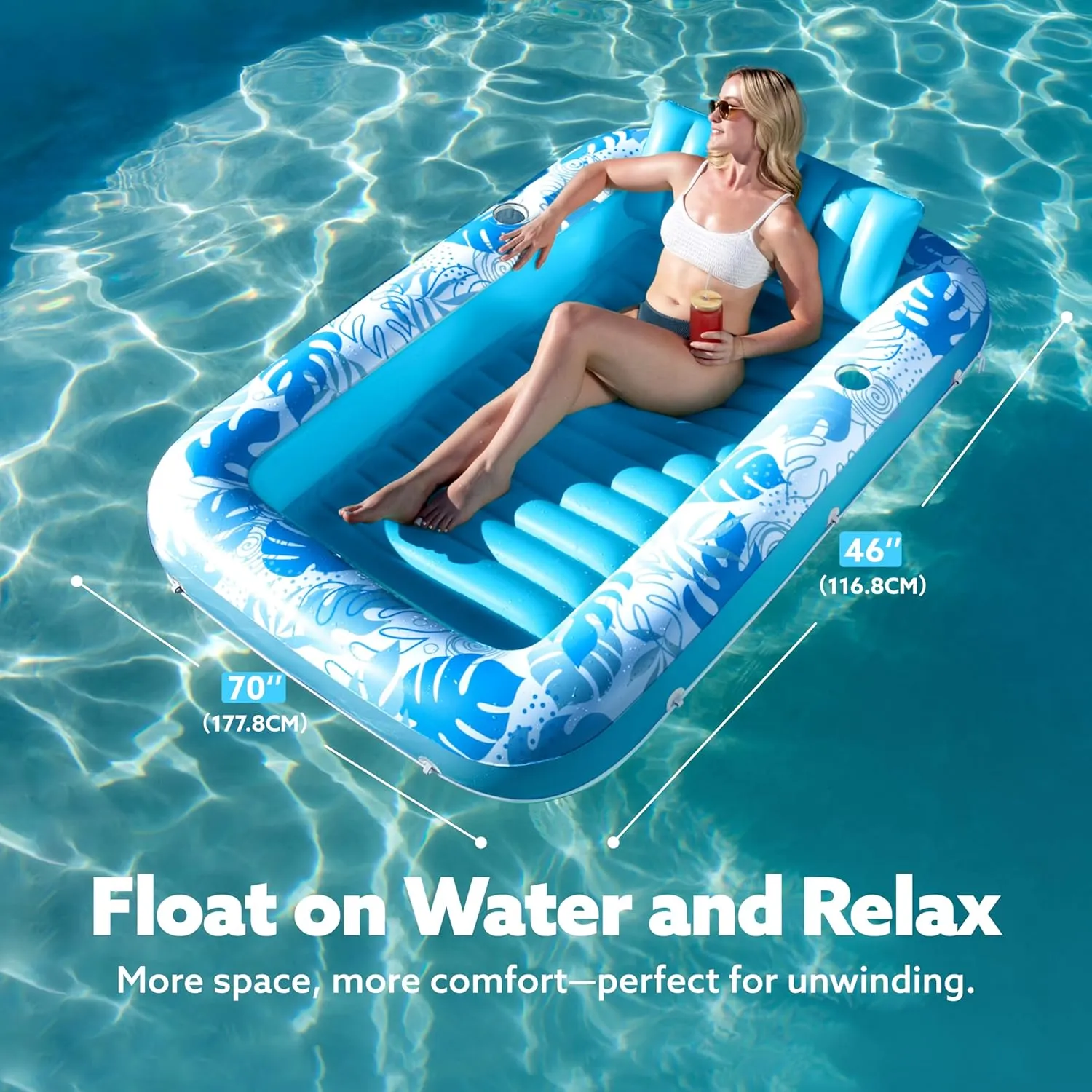 SLOOSH Inflatable Tanning Pool Lounger Float, 70" x 46" Pool Floats Adult with Pillow, 4 in 1 Suntan Tub Raft Floatie,Sunbathing Bed Lounge for Water Blow Up Kids Ball Pit Party Gifts, L-Blue
