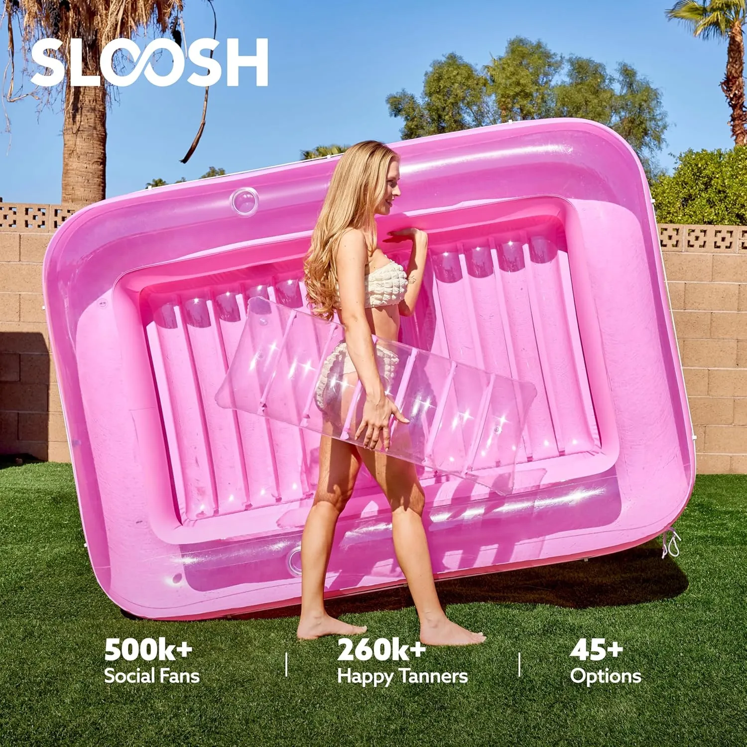 SLOOSH Inflatable Tanning Pool Lounger Float, 85" x 57" Extra Large Pool Floats Adult with Pillow, 4 in 1 Suntan Tub Raft Floatie,Sunbathing Bed Lounge for Water Blow Up Ball Pit Party Gifts, XL-Pink