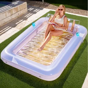SLOOSH Inflatable Tanning Pool Lounger Float, 85" x 57" Extra Large Pool Floats Adult with Pillow, 4 in 1 Suntan Tub Raft Floatie,Sunbathing Bed Lounge for Water Blow Up Ball Pit, XL-Golden White