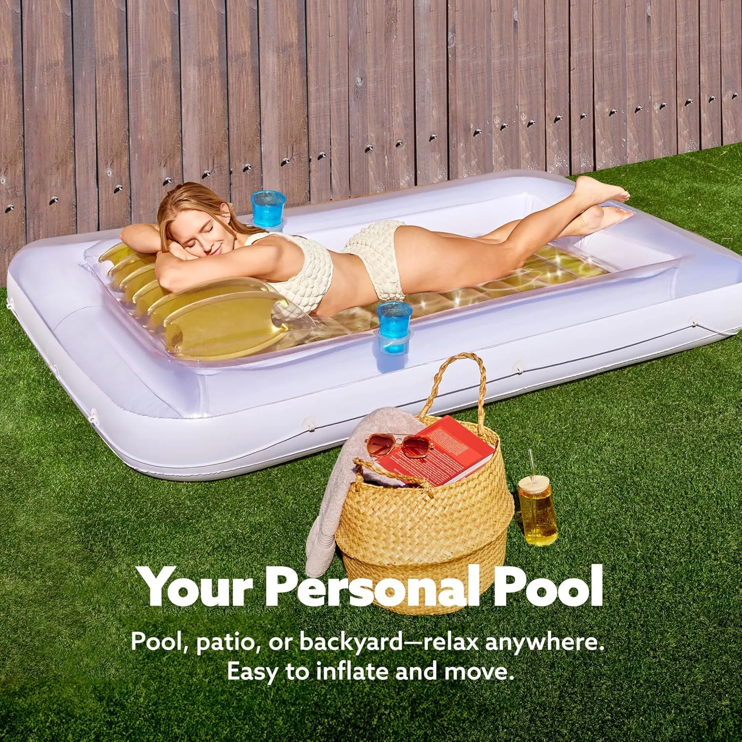 SLOOSH Inflatable Tanning Pool Lounger Float, 85" x 57" Extra Large Pool Floats Adult with Pillow, 4 in 1 Suntan Tub Raft Floatie,Sunbathing Bed Lounge for Water Blow Up Ball Pit, XL-Golden White