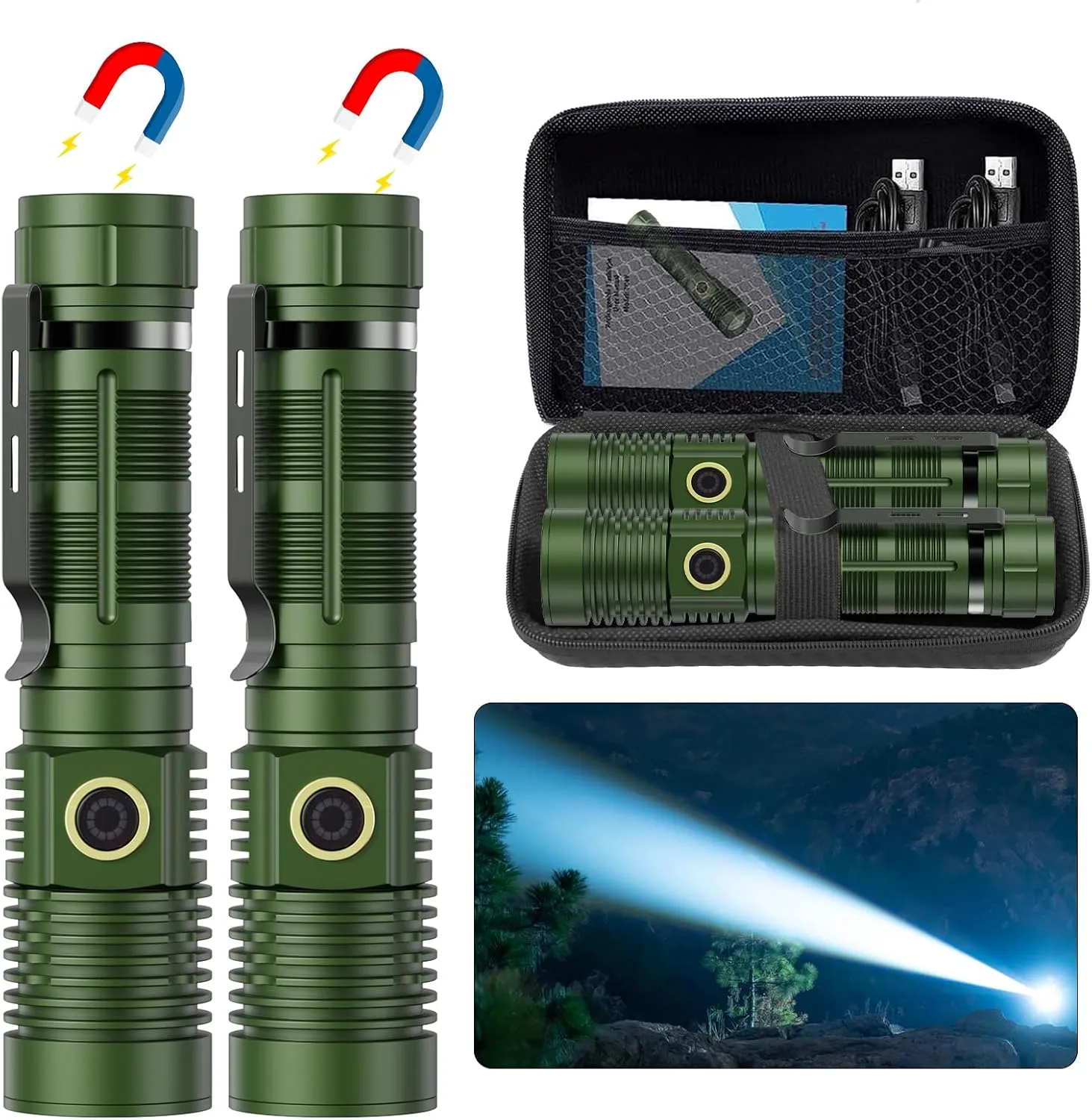 Small Tactical Flashlights High Lumens - 1500 Meters Long Beam Super Bright LED Magnetic Flashlight USB Rechargeable Zoomable 5Modes Long Beam Spotlight Flashlight for Hiking, Camping-Green