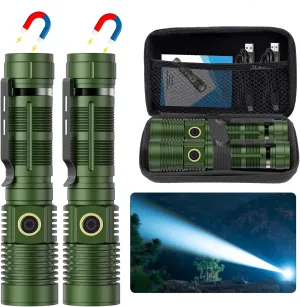 Small Tactical Flashlights High Lumens - 1500 Meters Long Beam Super Bright LED Magnetic Flashlight USB Rechargeable Zoomable 5Modes Long Beam Spotlight Flashlight for Hiking, Camping-Green