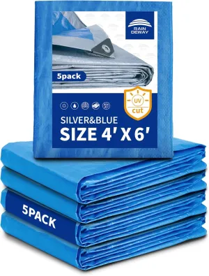 Small Tarps 4x6 Feet (5 Pack), 5.5 Mil Thick, Multipurpose Waterproof Poly Tarp Cover with Metal Grommets and Reinforced Edges, Silver/Blue Tarp by RAINDEWAY