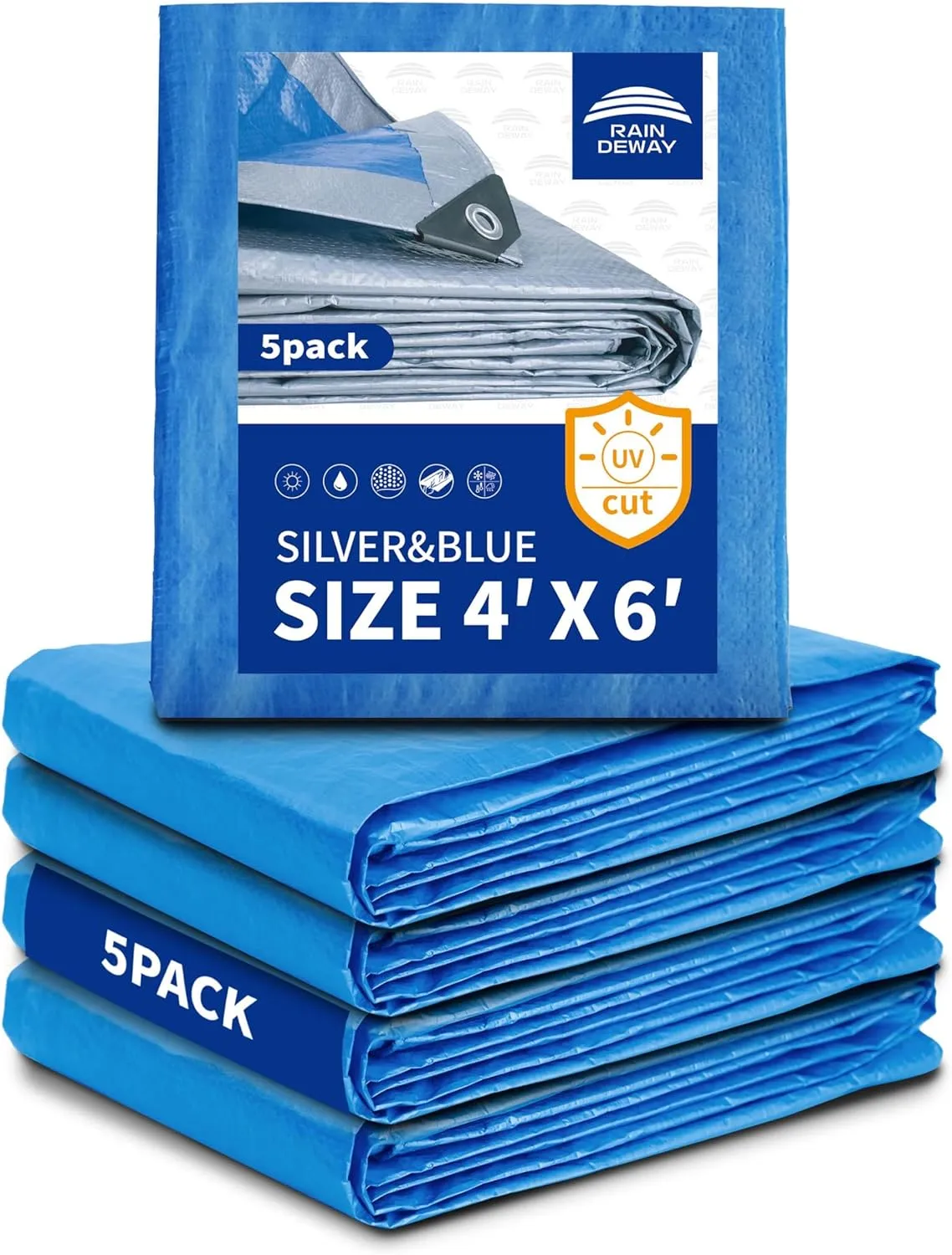 Small Tarps 4x6 Feet (5 Pack), 5.5 Mil Thick, Multipurpose Waterproof Poly Tarp Cover with Metal Grommets and Reinforced Edges, Silver/Blue Tarp by RAINDEWAY
