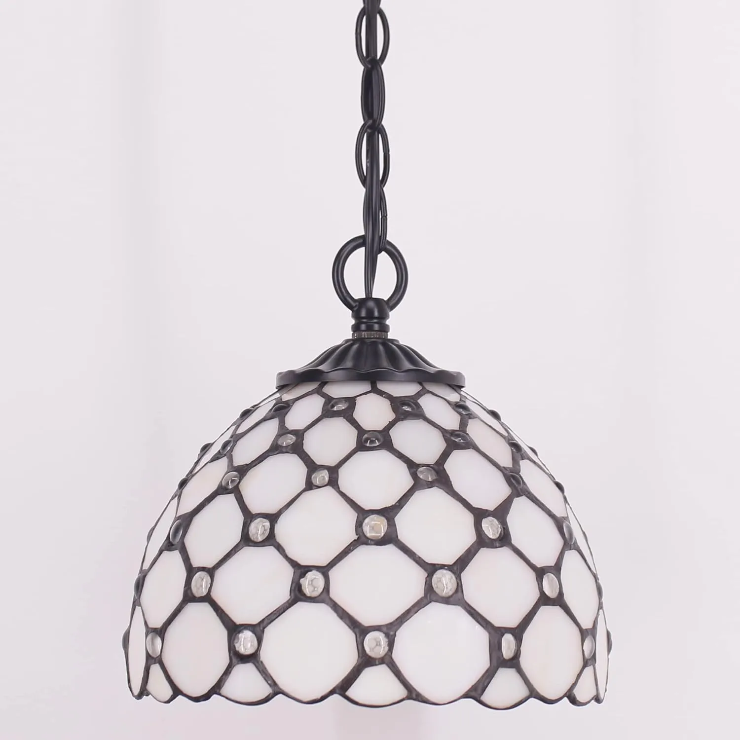 Small Tiffany Pendant Light 8 inch Tiffany Style Stained Glass Pendant Hanging Lamp Small Vintage Hanging Light Fixtures for Home Living Room Restaurant Hallway (White Amber Pearl Beads Style)