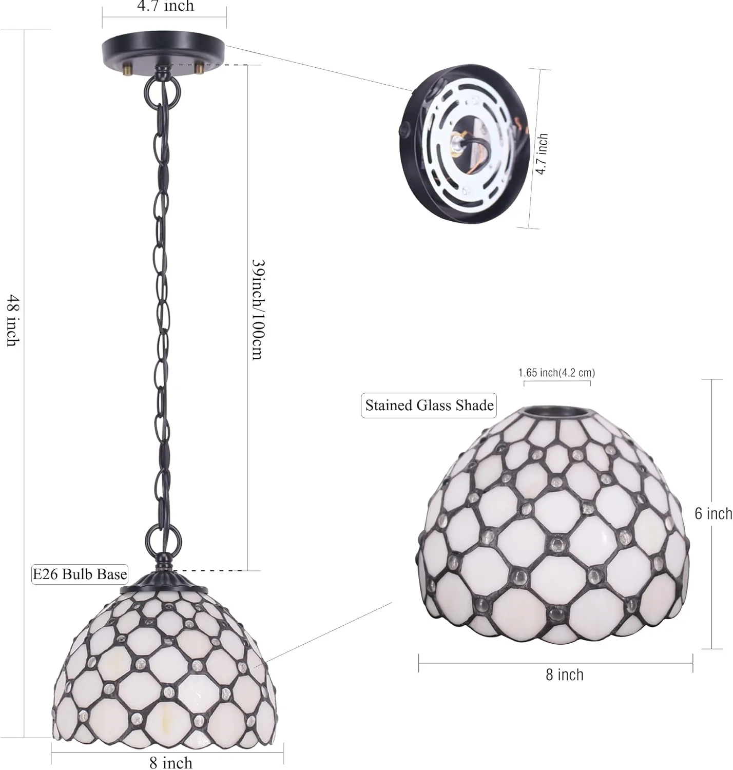 Small Tiffany Pendant Light 8 inch Tiffany Style Stained Glass Pendant Hanging Lamp Small Vintage Hanging Light Fixtures for Home Living Room Restaurant Hallway (White Amber Pearl Beads Style)