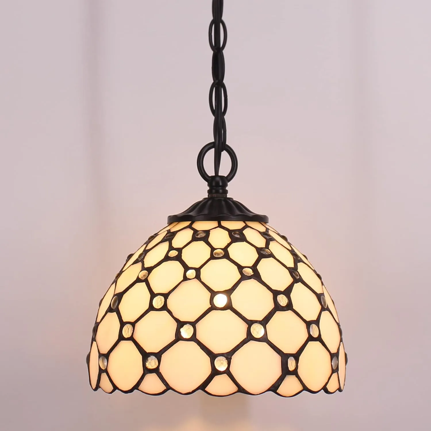 Small Tiffany Pendant Light 8 inch Tiffany Style Stained Glass Pendant Hanging Lamp Small Vintage Hanging Light Fixtures for Home Living Room Restaurant Hallway (White Amber Pearl Beads Style)