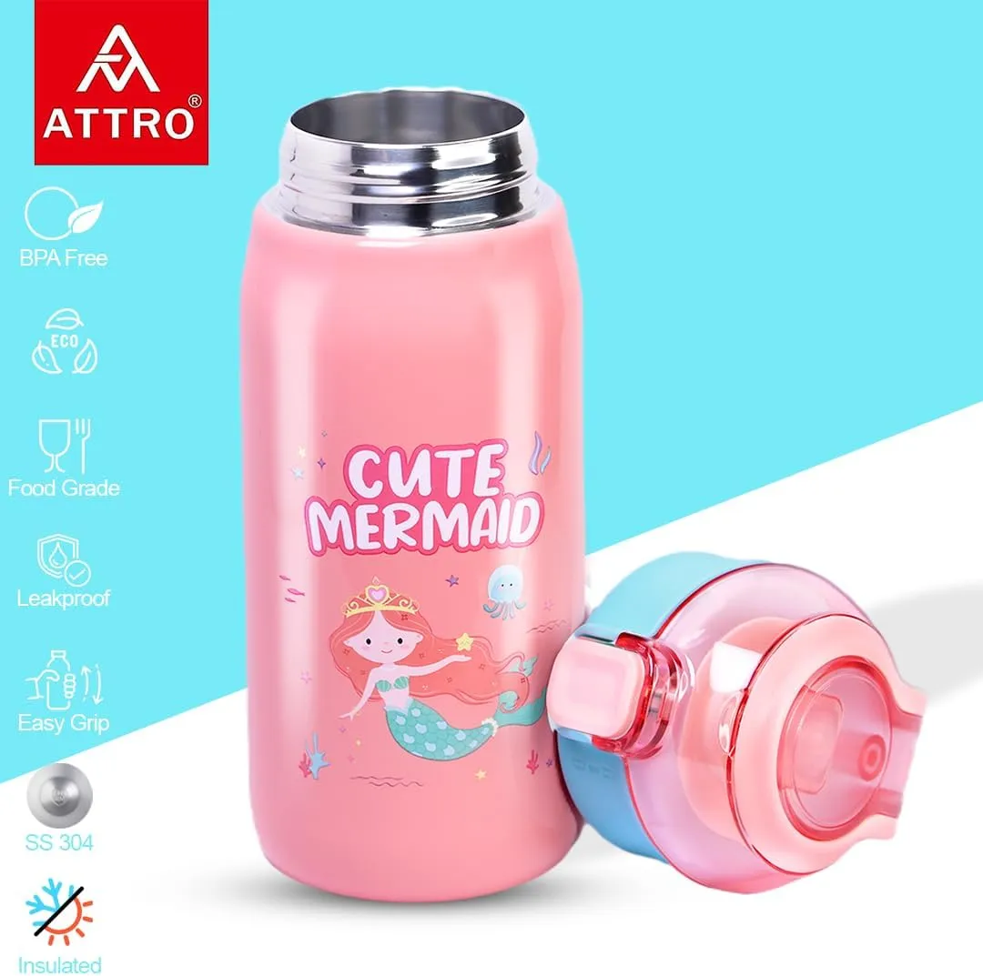 Smart Sipper Insulated Steel Bottle with Cute Mermaid Eye-catching Print Stylish & Functional Easy to Carry with Handle Food Grade,Leakproof-Ideal for Office,School,Outdoor-500ml Mermaid Pink