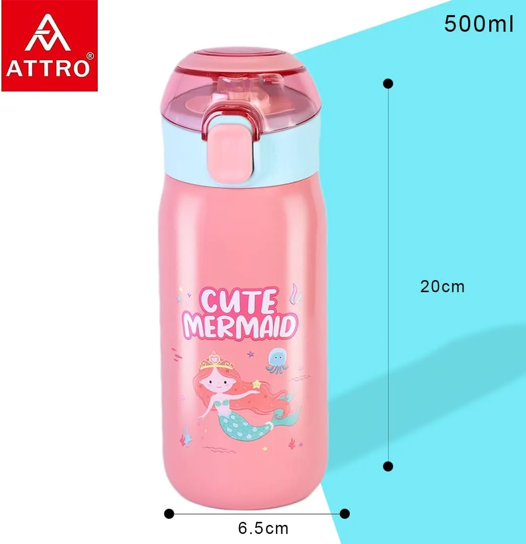 Smart Sipper Insulated Steel Bottle with Cute Mermaid Eye-catching Print Stylish & Functional Easy to Carry with Handle Food Grade,Leakproof-Ideal for Office,School,Outdoor-500ml Mermaid Pink