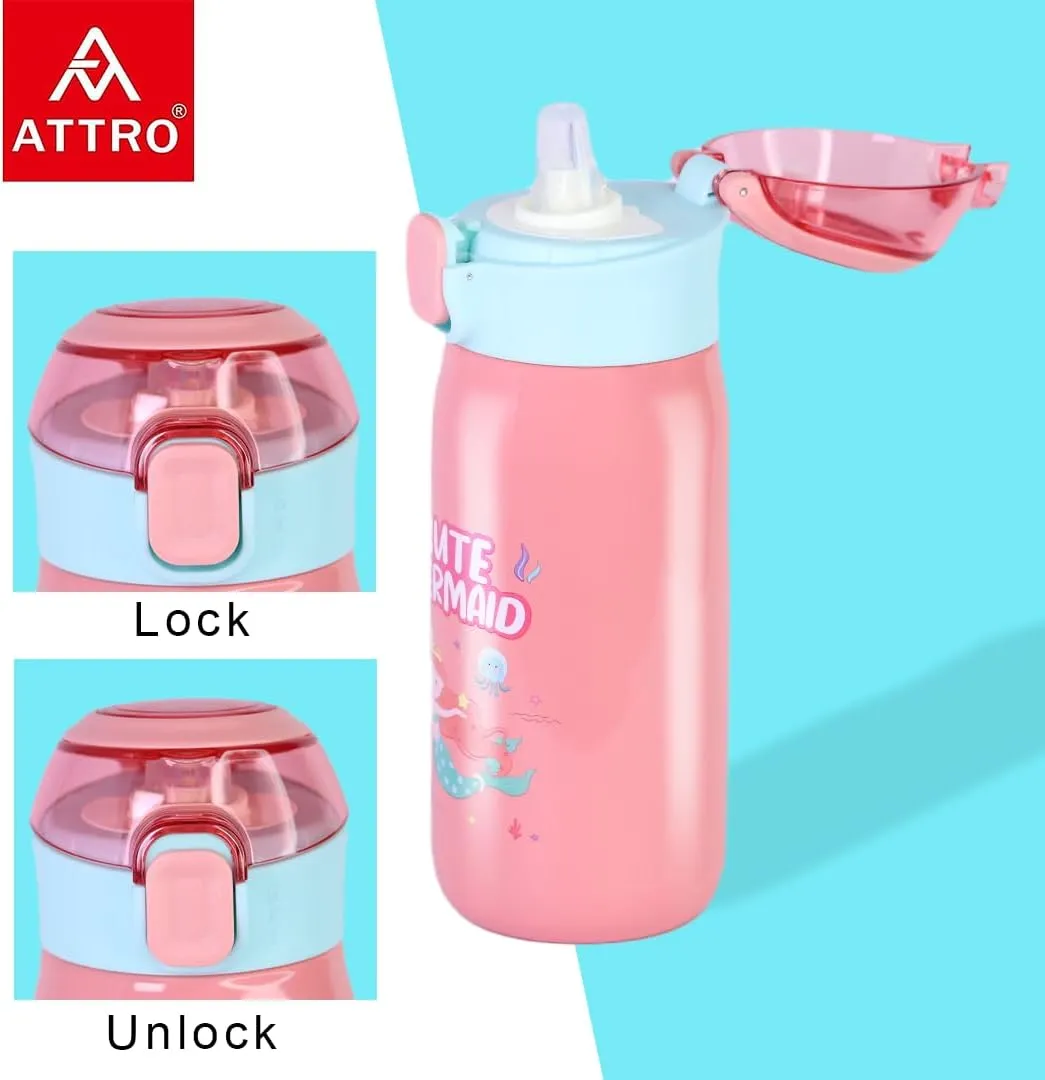 Smart Sipper Insulated Steel Bottle with Cute Mermaid Eye-catching Print Stylish & Functional Easy to Carry with Handle Food Grade,Leakproof-Ideal for Office,School,Outdoor-500ml Mermaid Pink