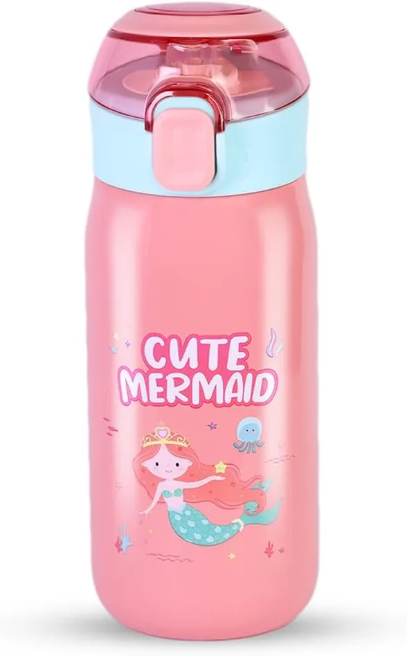 Smart Sipper Insulated Steel Bottle with Cute Mermaid Eye-catching Print Stylish & Functional Easy to Carry with Handle Food Grade,Leakproof-Ideal for Office,School,Outdoor-500ml Mermaid Pink
