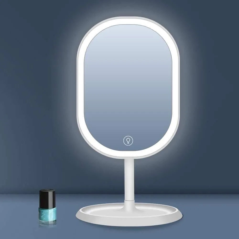 Smart Touch LED Makeup Mirror with 3-Color Light, USB Rechargeable, Storage Base, Dimmable Vanity Mirror