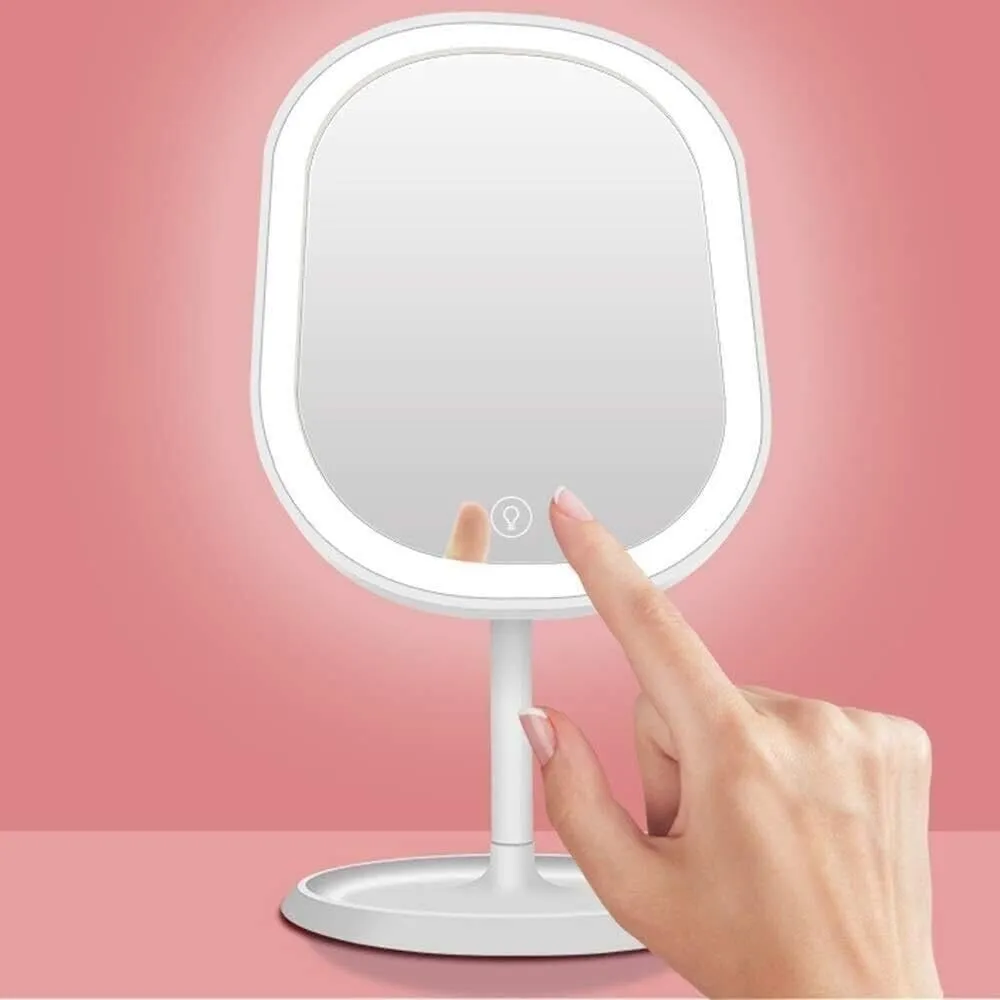 Smart Touch LED Makeup Mirror with 3-Color Light, USB Rechargeable, Storage Base, Dimmable Vanity Mirror