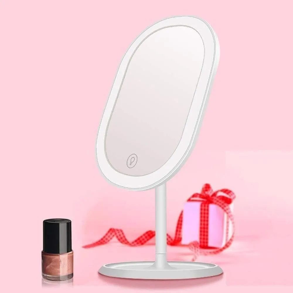 Smart Touch LED Makeup Mirror with 3-Color Light, USB Rechargeable, Storage Base, Dimmable Vanity Mirror