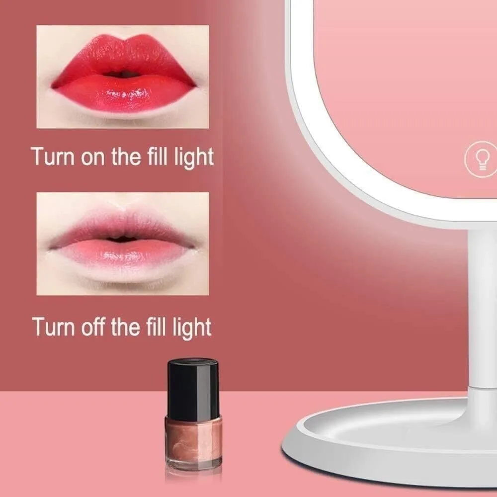 Smart Touch LED Makeup Mirror with 3-Color Light, USB Rechargeable, Storage Base, Dimmable Vanity Mirror