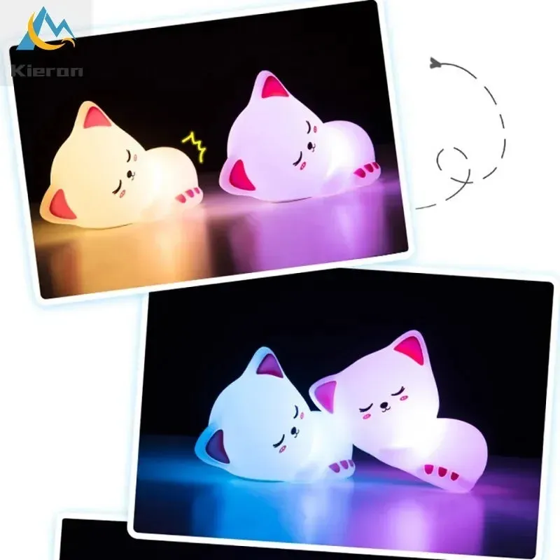 Soft Silicone Cat LED Night Light - Colorful USB Rechargeable Lamp
