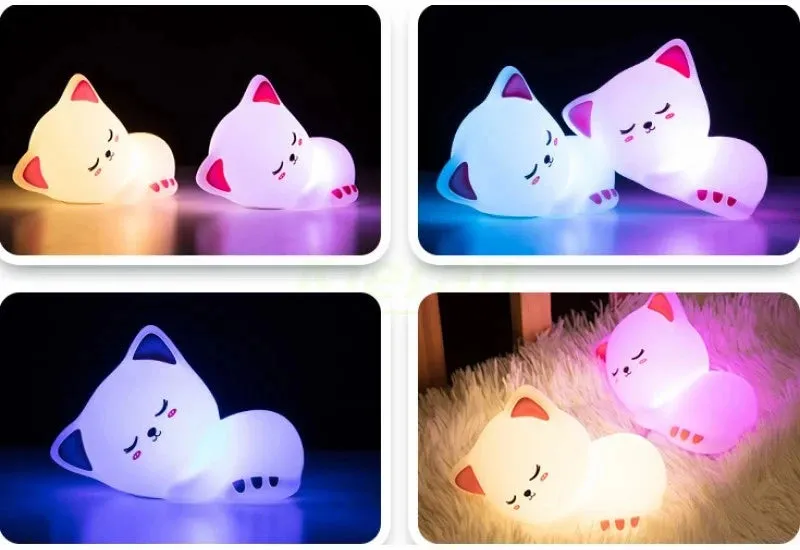 Soft Silicone Cat LED Night Light - Colorful USB Rechargeable Lamp