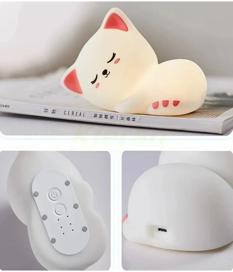 Soft Silicone Cat LED Night Light - Colorful USB Rechargeable Lamp