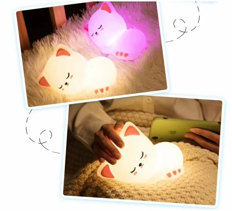 Soft Silicone Cat LED Night Light - Colorful USB Rechargeable Lamp