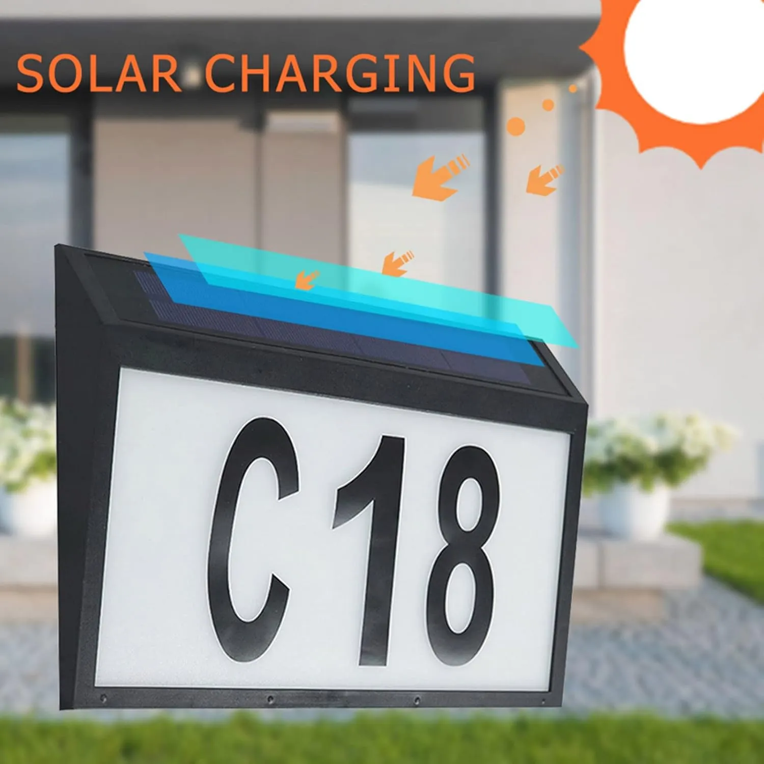 Solar LED Light House Number Wall Plaque Sign, House Numbers Address Light, Solar Powered Wall Mount Address Plaque LED Light Illuminated Door Numbers for Houses Garden Street (One)