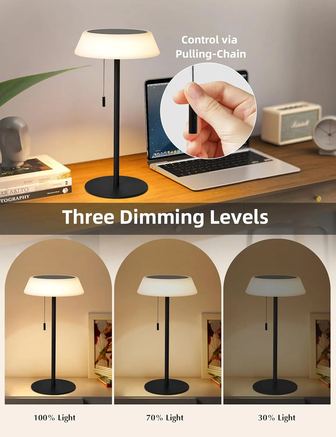 Solar LED Outdoor Table Lamp Waterproof, 3 Level Dimmable Desk Night Light, Portable Cordless USB Rechargeable, for Home/Deck/Patio/Garden (Black)
