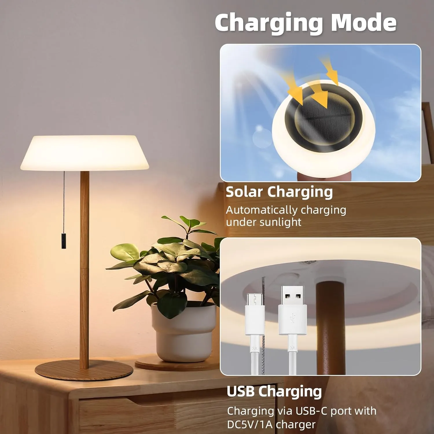 Solar LED Outdoor Table Lamp Waterproof, 3 Level Dimmable Desk Night Light, Portable Cordless USB Rechargeable, for Home/Deck/Patio/Garden (Wood Grain)