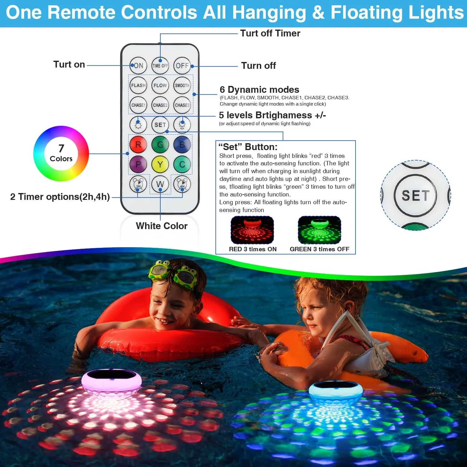 Solar Pool Lights, 2600mAh USB Rechargeable Floating Pool Lights, 6.7" IP68 Waterproof Solar Floating Light with Remote, RGB 13 Colors Upper and Lower Glow Hangable Light for Path, Hot Tubs 1 PCS