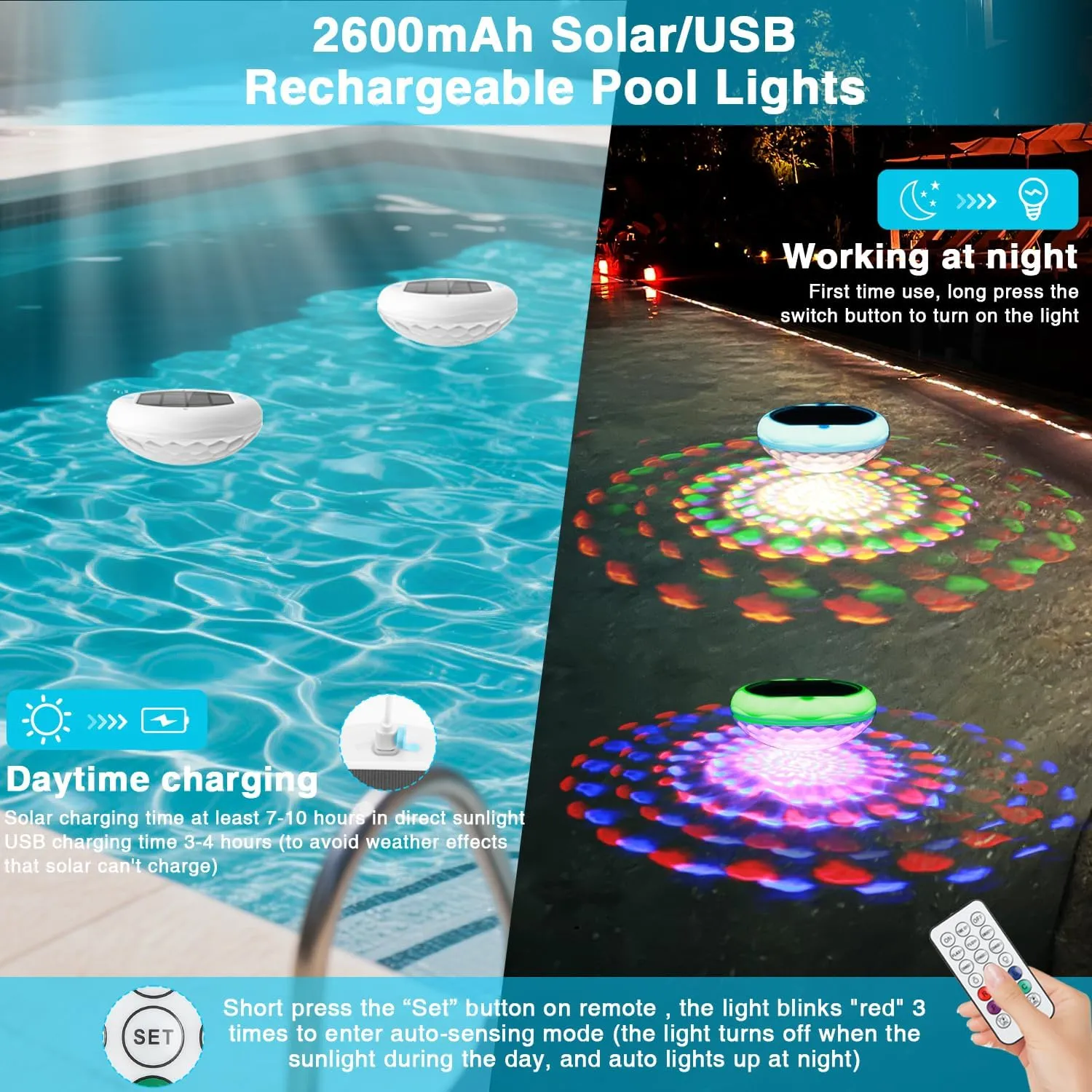 Solar Pool Lights, 2600mAh USB Rechargeable Floating Pool Lights, 6.7" IP68 Waterproof Solar Floating Light with Remote, RGB 13 Colors Upper and Lower Glow Hangable Light for Path, Hot Tubs 1 PCS